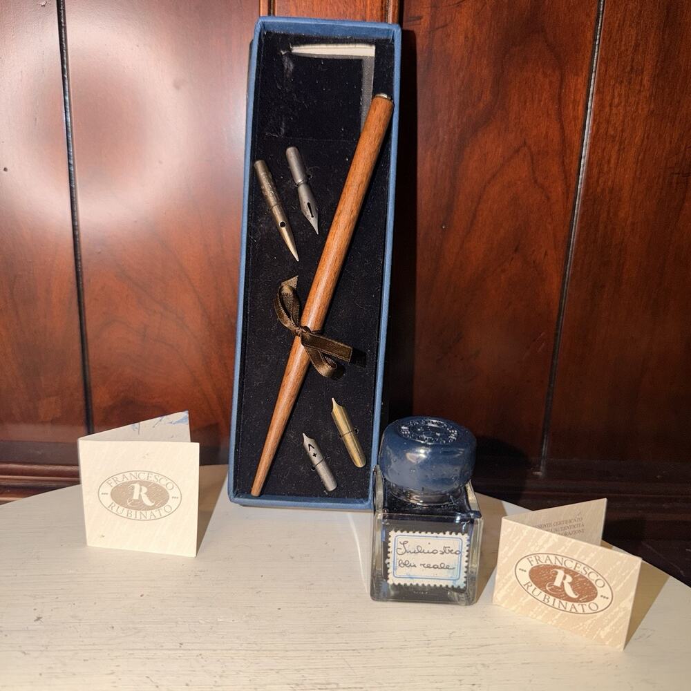 Vintage Francesco Rubinato Italian Dip Pen Calligraphy Writing Set w/ Ink & Nibs